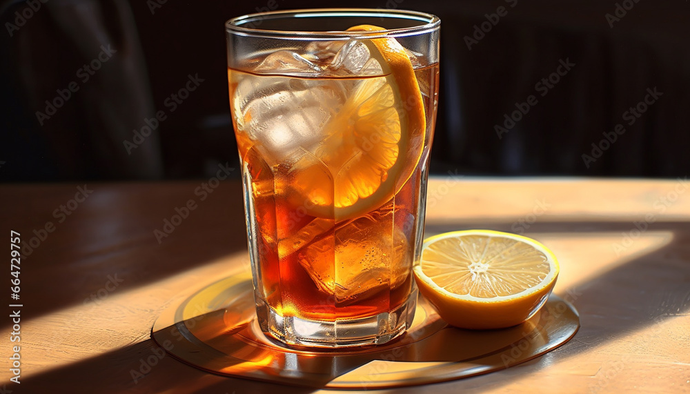 Refreshing summer cocktail with citrus fruit and ice cubes on table generated by AI