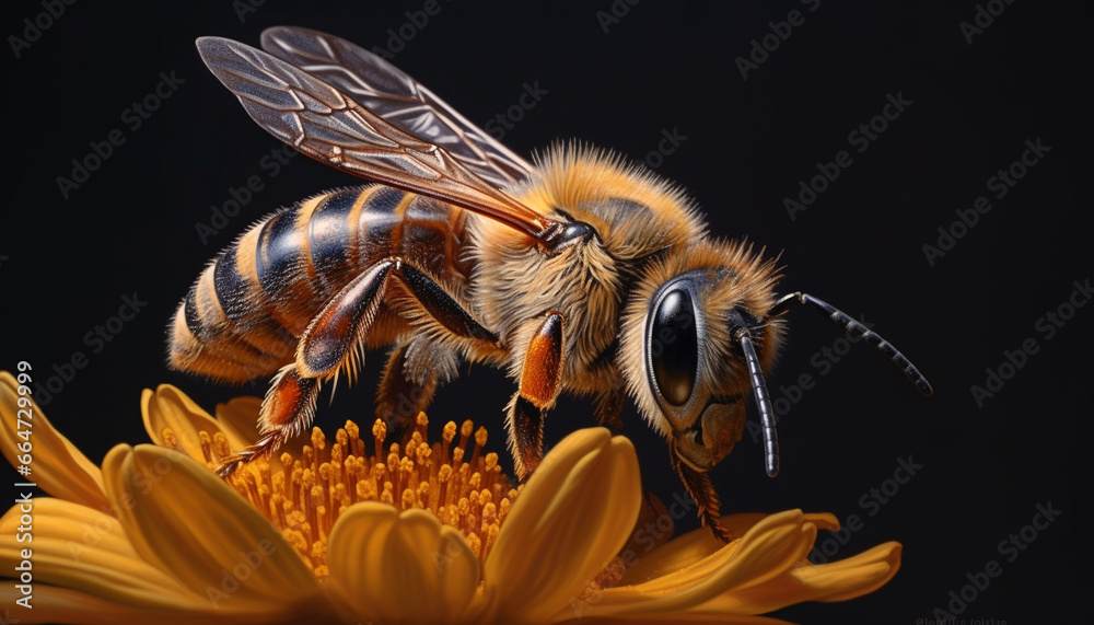 Busy honey bee collecting pollen from a single flower in summer generated by AI