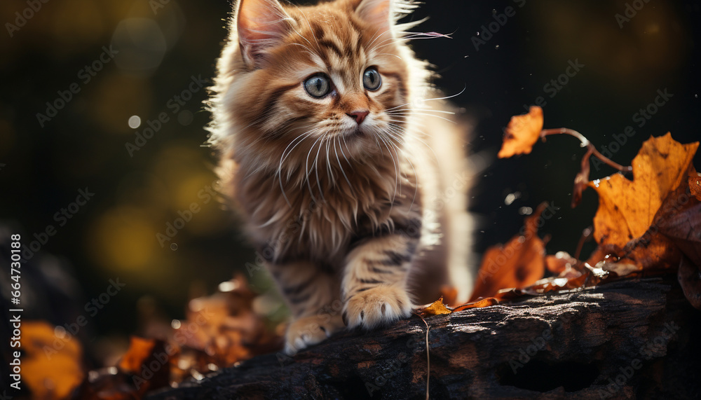 Cute kitten playing in the autumn forest, a furry beauty generated by AI