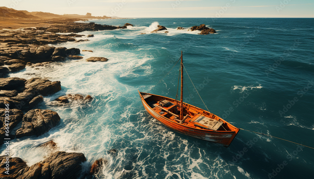 Nature wave crashes against the yacht, sailing through nautical waters generated by AI