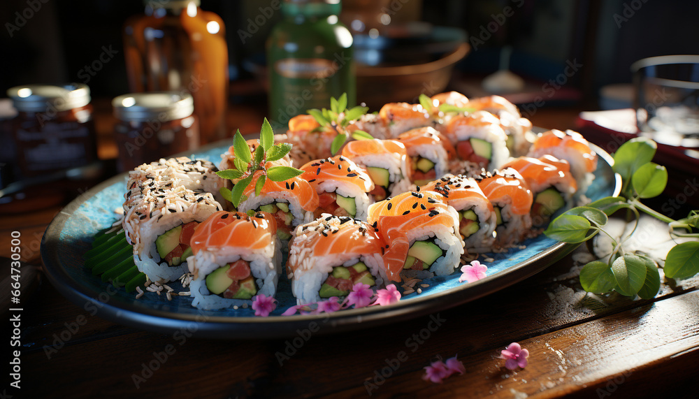 Freshness on a plate  seafood, sushi, avocado, ginger, seaweed, rice generated by AI