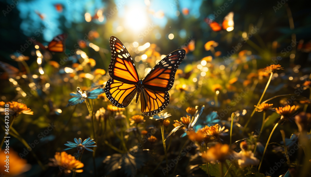 Vibrant butterfly in nature, flying amidst green meadow and flowers generated by AI