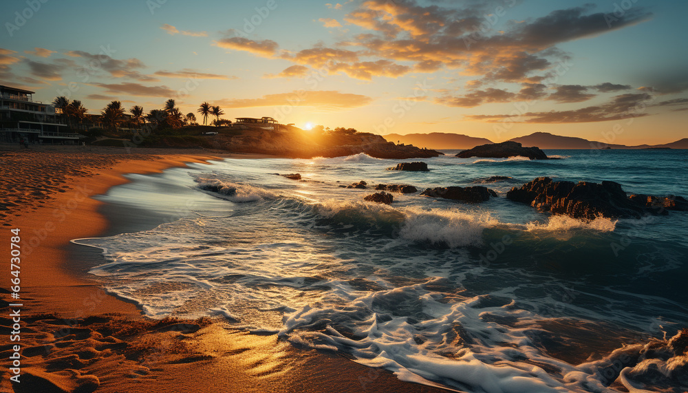 Sunset over the tranquil coastline, nature beauty in tropical paradise generated by AI