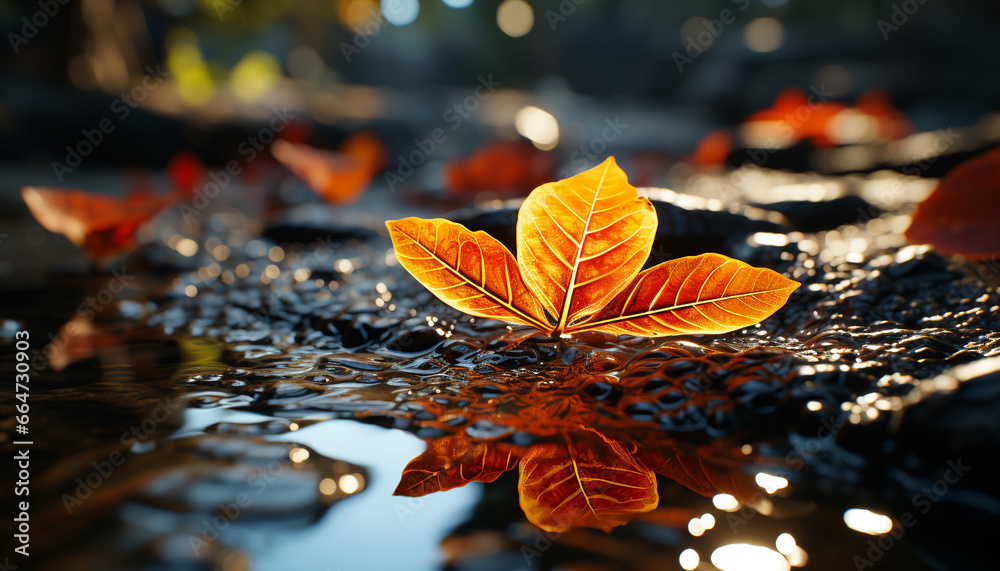 Vibrant autumn colors reflect on tranquil pond, showcasing nature beauty generated by AI