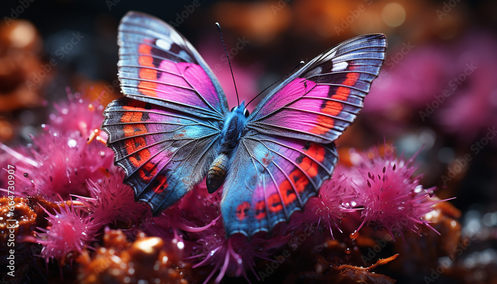 Butterfly in nature, vibrant colors, beauty in fragile tropical climate generated by AI