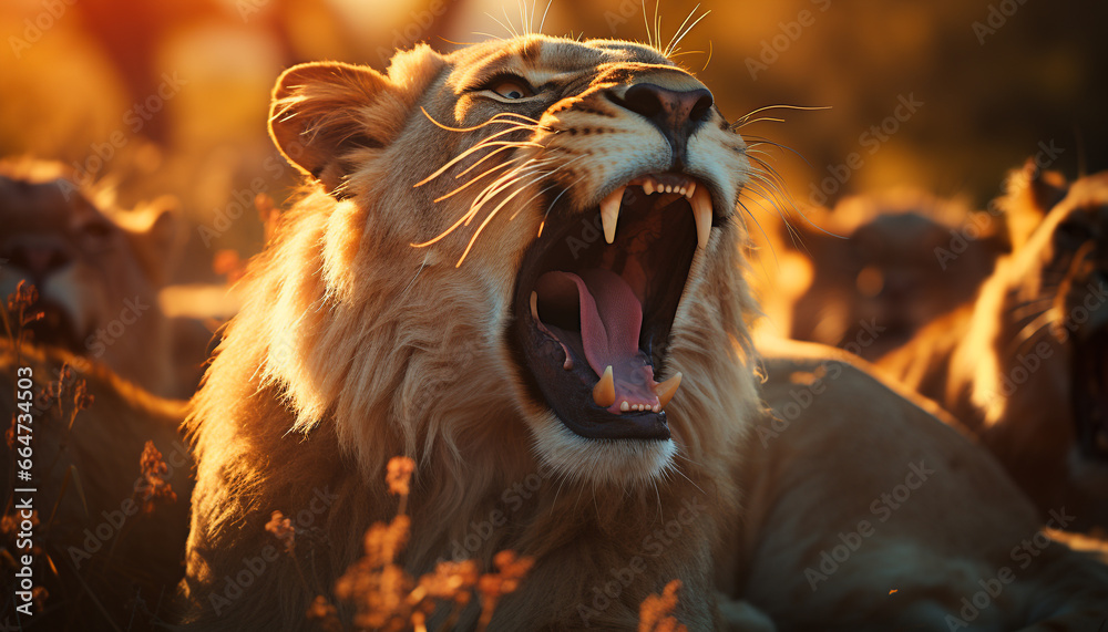 Majestic lion roaring in the African wilderness, mouth open, teeth showing generated by AI