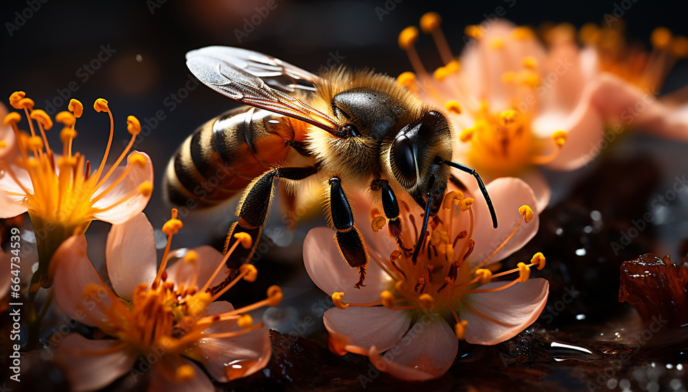 Busy honey bee working in a formal garden, collecting pollen generated by AI