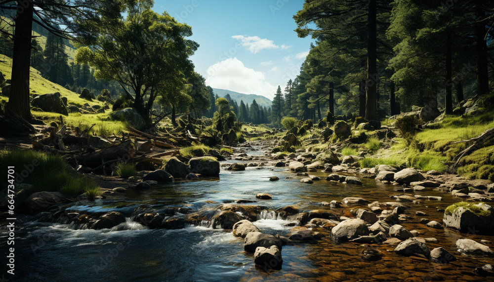 Tranquil scene of a mountain range, flowing water, and green grass generated by AI