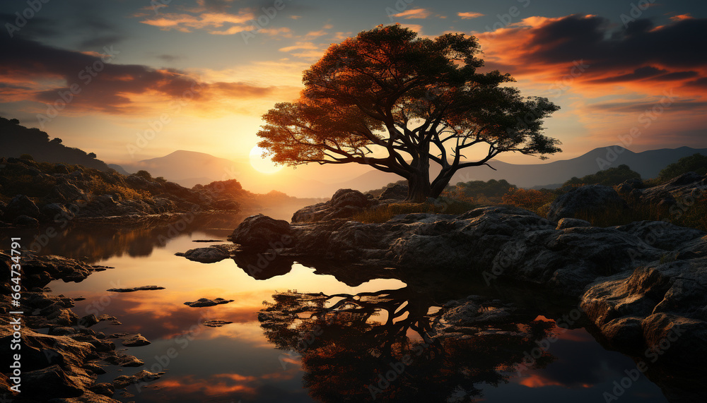 Tranquil scene  sunset reflects on water, silhouettes of trees generated by AI