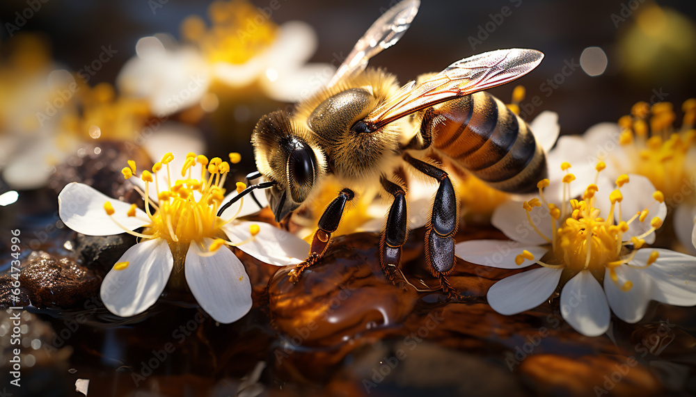 Nature beauty  Bee pollinates flower, creating honey in springtime generated by AI