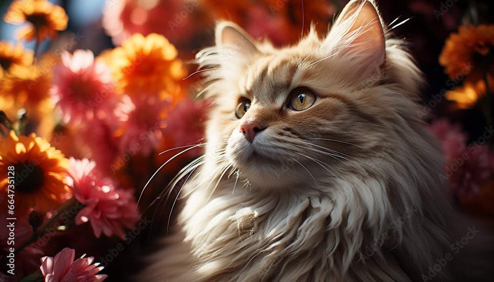 Cute domestic cat sitting in grass, staring with playful curiosity generated by AI