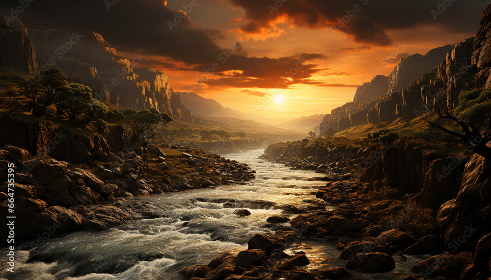 Tranquil sunset, majestic mountain peak, serene waters edge, idyllic landscape generated by AI