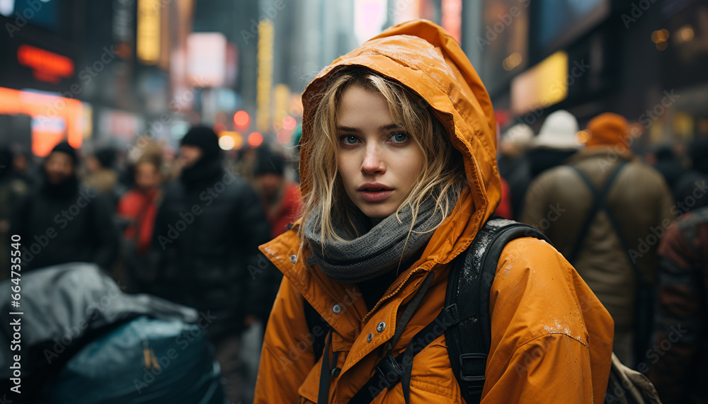 Young women walking in the city, wearing warm clothing and backpacks generated by AI