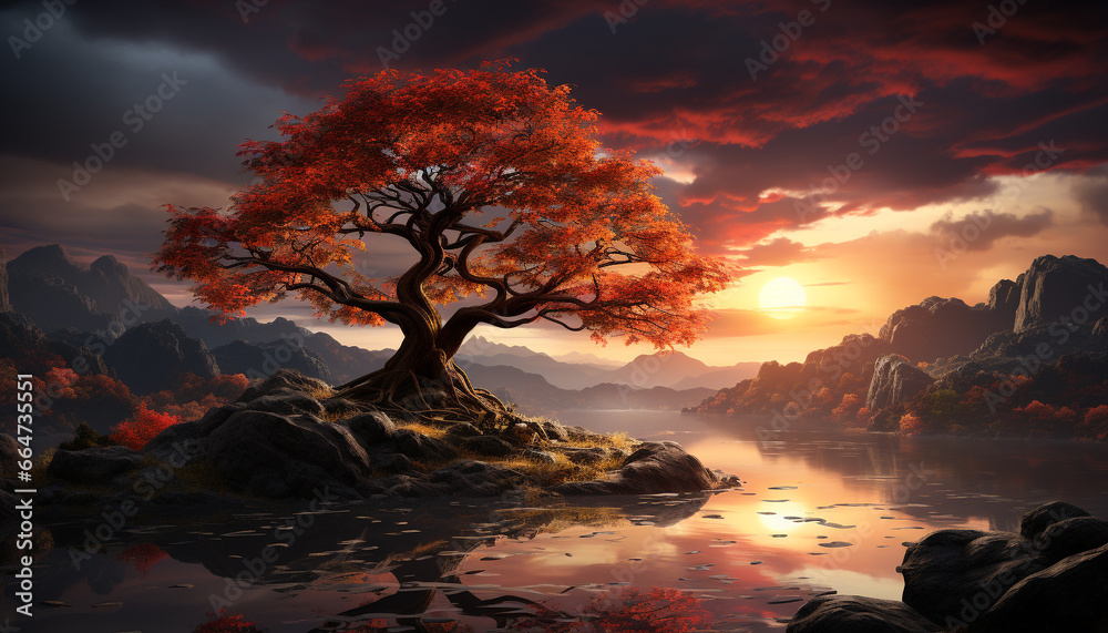 Tranquil scene  sunset paints nature beauty on mountain silhouette generated by AI