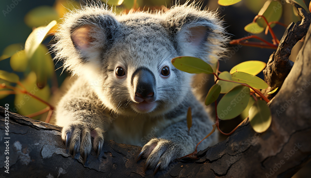 Cute koala sitting on branch, looking at camera in forest generated by AI