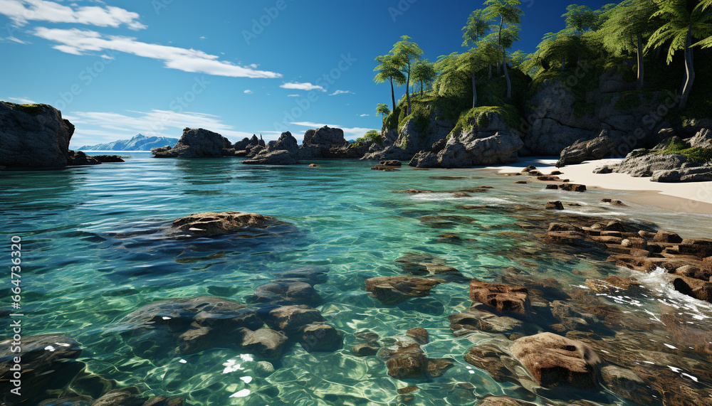 Tranquil scene  nature beauty reflected in turquoise waters, sandy coastline generated by AI