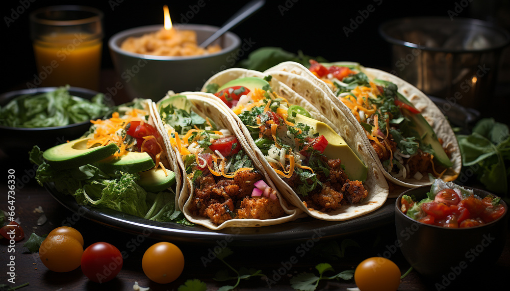 Freshness on a plate  tomato, taco, guacamole, meat, vegetable, beef, salad generated by AI