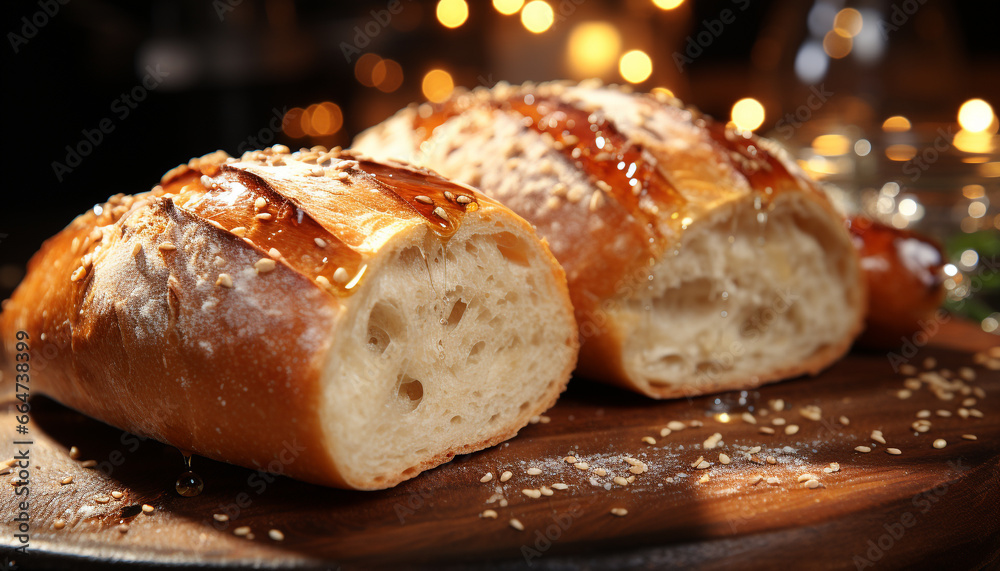 A rustic table with fresh baked bread, a sweet indulgence generated by AI