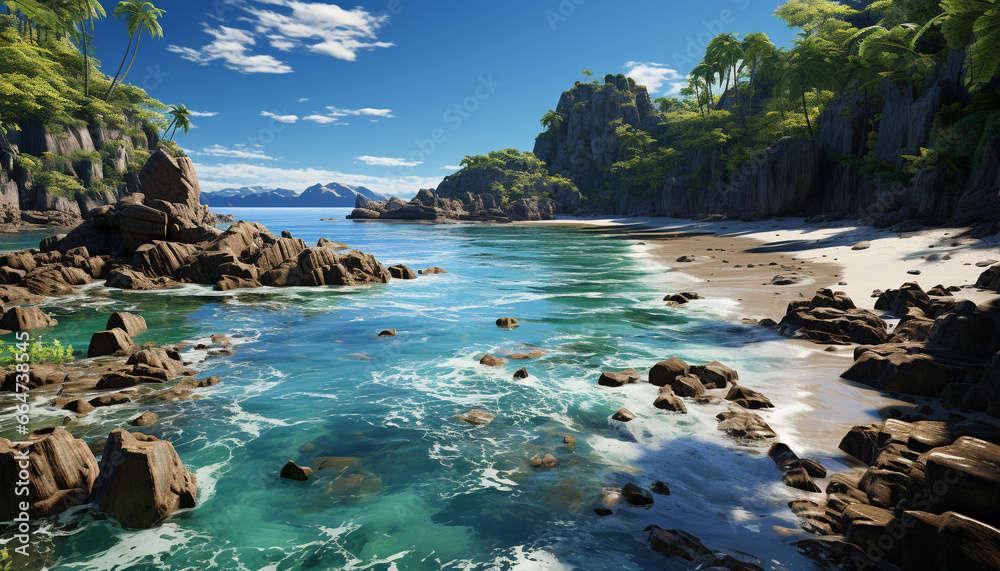 Tranquil scene  sunset paints idyllic seascape, waves crash on rocky coastline generated by AI