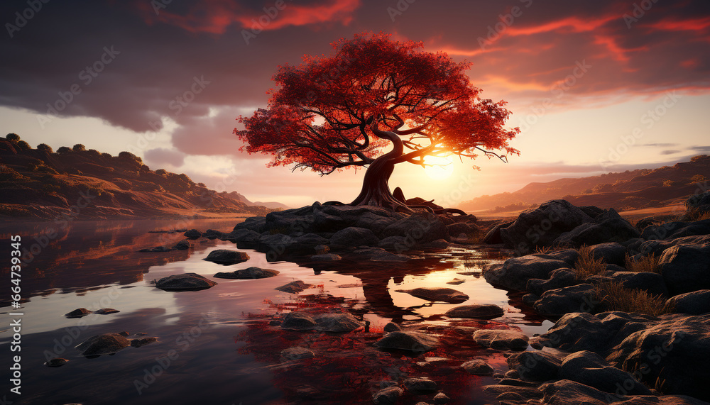 Tranquil scene  sunset silhouette reflects on water, nature beauty generated by AI