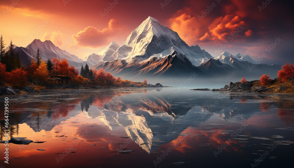 Majestic mountain peak reflects in tranquil water, nature beauty generated by AI