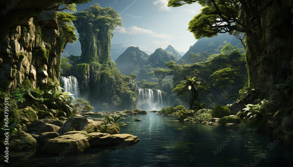 Majestic mountain peak reflects in tranquil flowing water, a natural beauty generated by AI