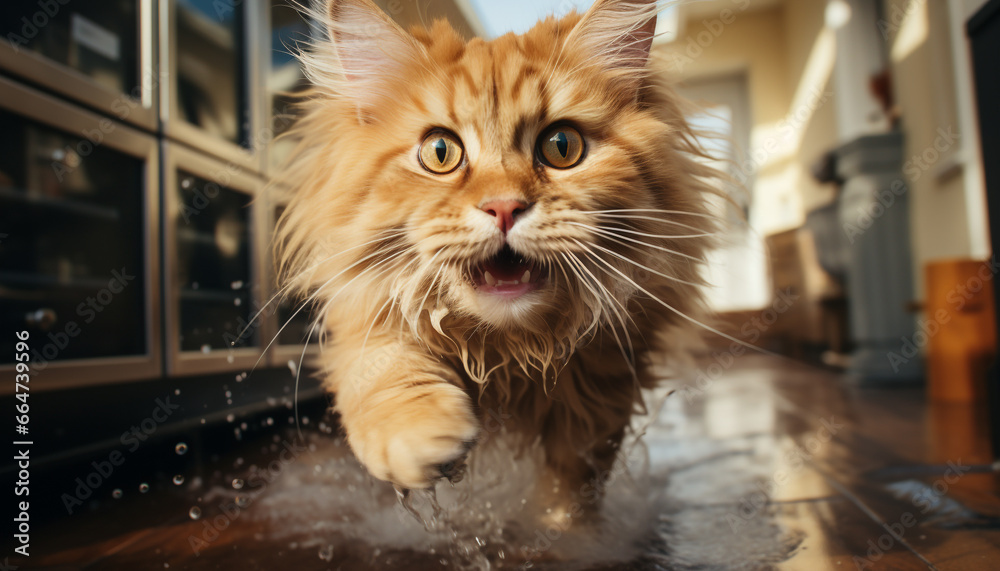 Cute kitten playing with a wet dog, looking at camera generated by AI