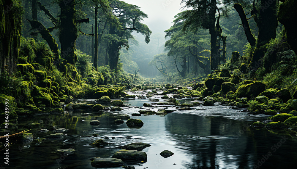 Tranquil scene of a dark, mysterious forest with flowing water generated by AI