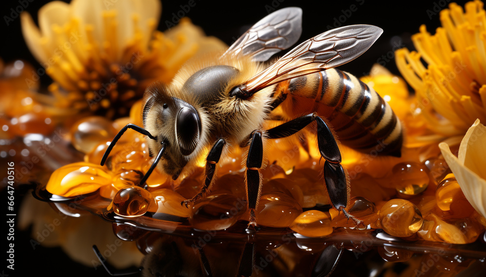 Insect bee collecting pollen from flower, nature beautiful pollination generated by AI