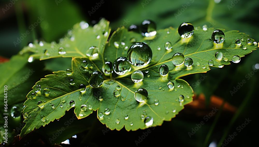 Vibrant green leaf reflects dew, nature beauty in fresh water generated by AI