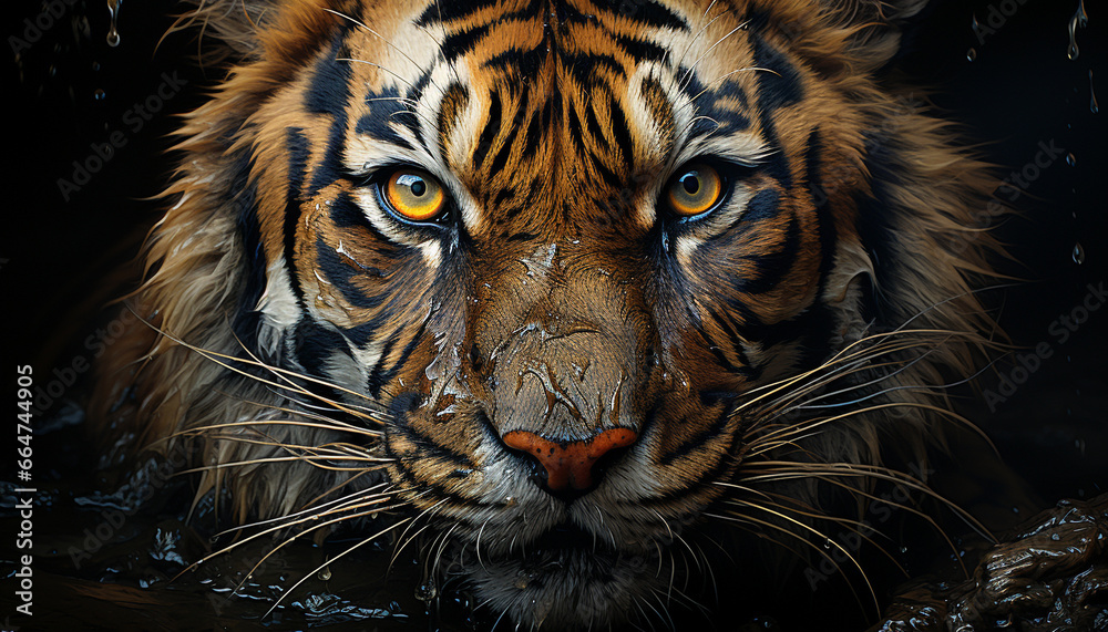 Majestic tiger, striped fur, fierce eyes, nature beauty in portrait generated by AI