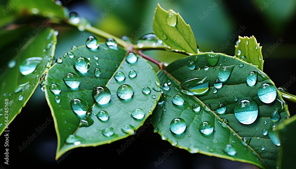 Freshness and beauty in nature  vibrant green leaves with dewdrops generated by AI