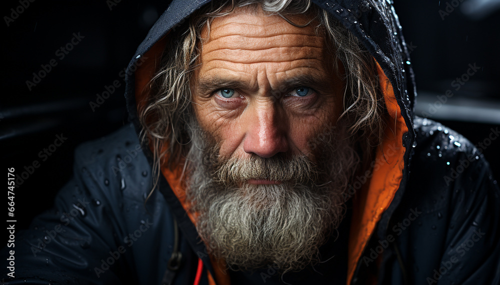 Aging man with gray hair and beard looking sad in rain generated by AI