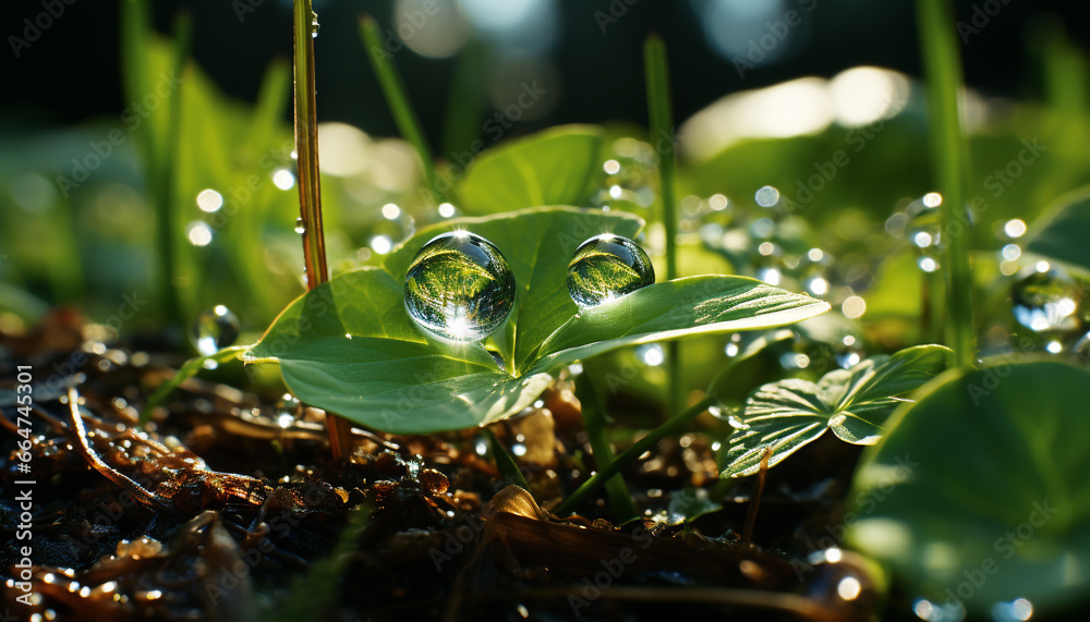 Fresh green leaves glisten with dew, reflecting vibrant summer beauty generated by AI