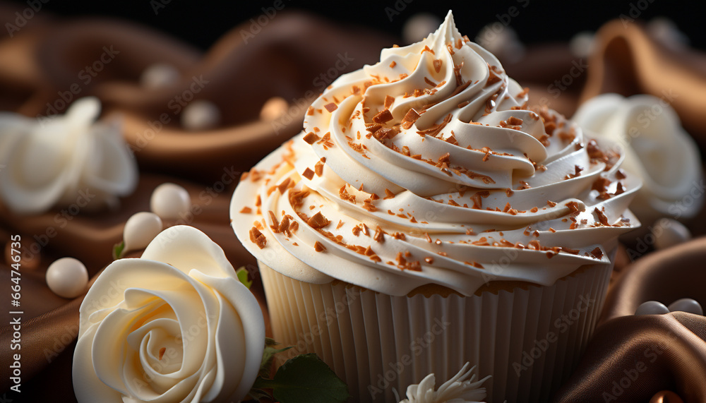 Cupcake, chocolate, icing, baked, decoration, candy, cream, sugar, homemade, freshness generated by AI