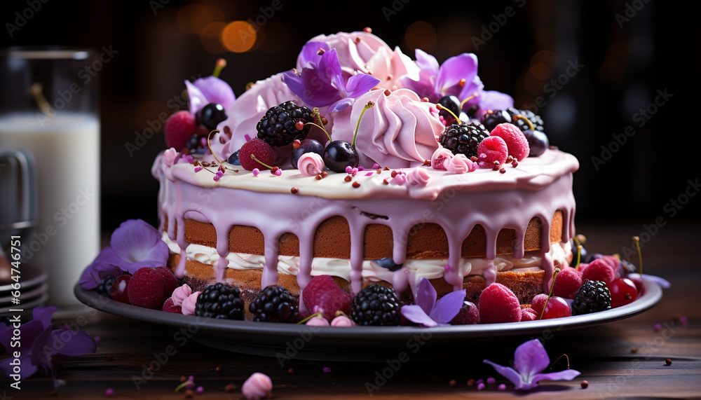 Gourmet dessert  Raspberry chocolate cake with fresh berry decoration generated by AI