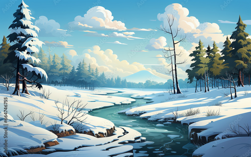 Winter forest landscape illustration with river