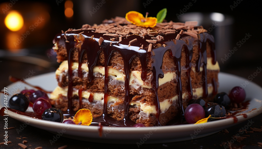 A decadent slice of chocolate cake with fresh berry topping generated by AI