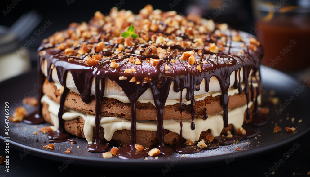 A decadent slice of homemade chocolate cake with whipped cream generated by AI