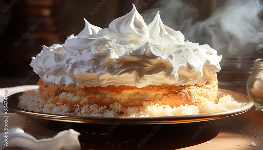 Freshly baked homemade dessert on a wooden table, pure indulgence generated by AI