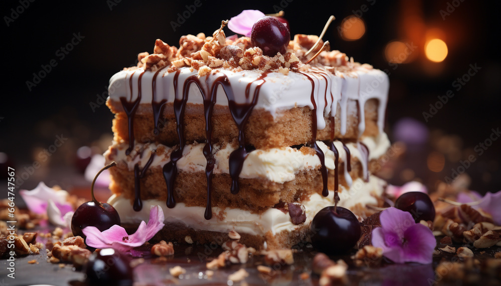 Gourmet chocolate cake with fresh fruit decoration for birthday celebration generated by AI