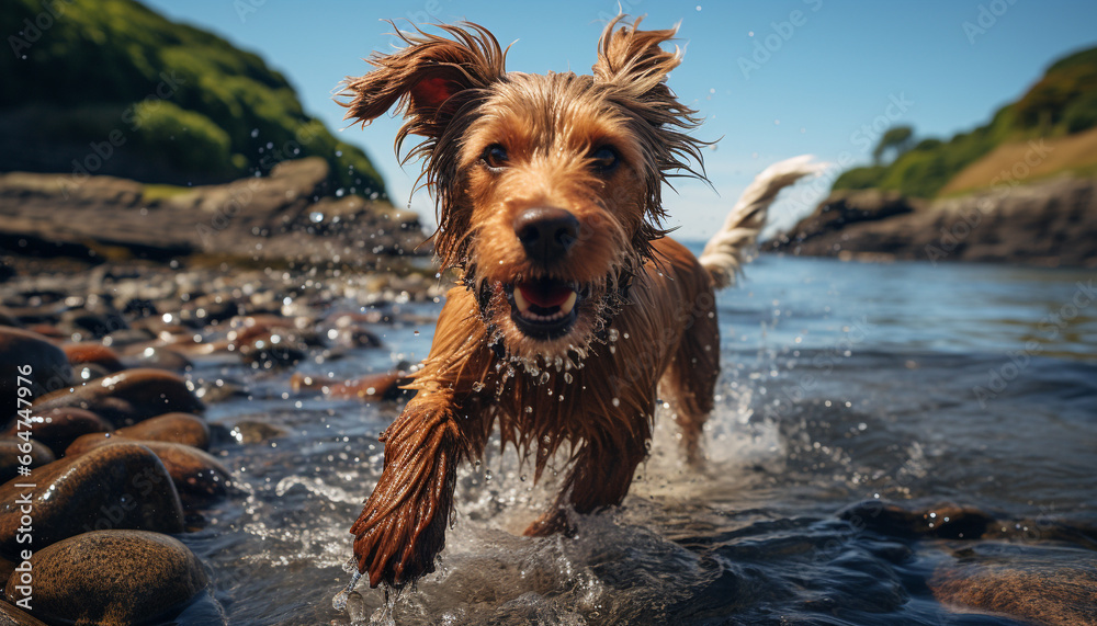 Cute puppy running on the beach, splashing in the waves generated by AI