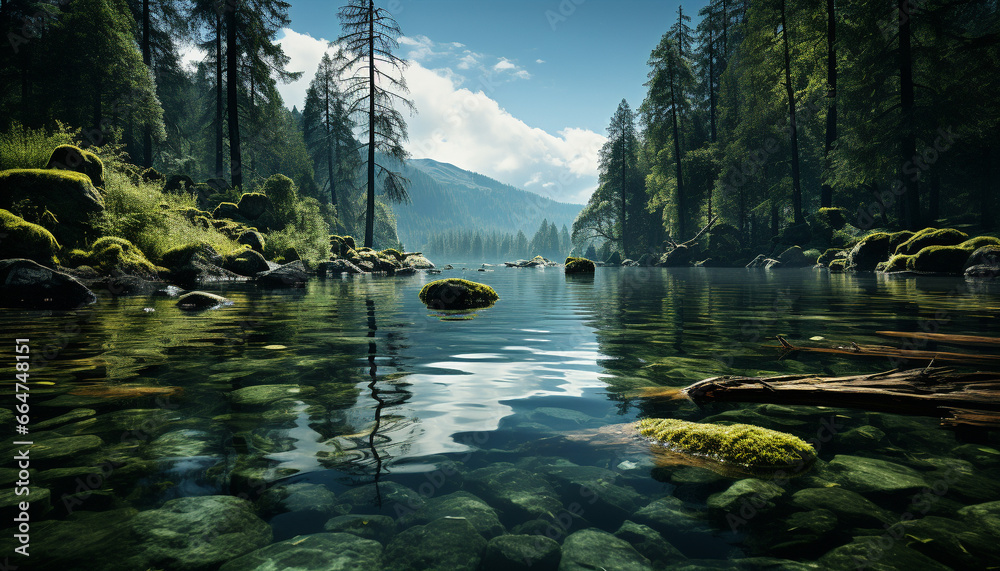 Tranquil scene of a mountain peak reflecting in a flowing pond generated by AI