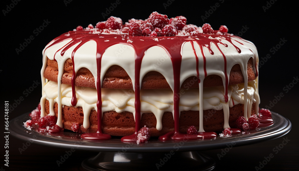 Indulgent chocolate cake with fresh berries, whipped cream, and decoration generated by AI