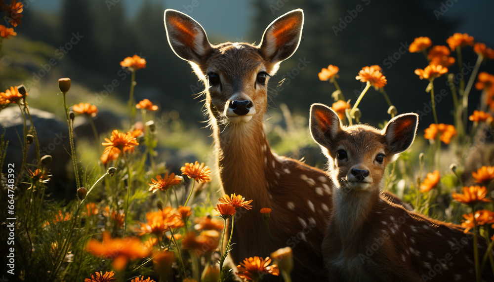 Young deer in meadow, cute and small, looking at camera generated by AI