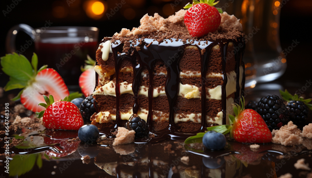 Indulgent homemade chocolate cheesecake with fresh strawberry and raspberry slices generated by AI