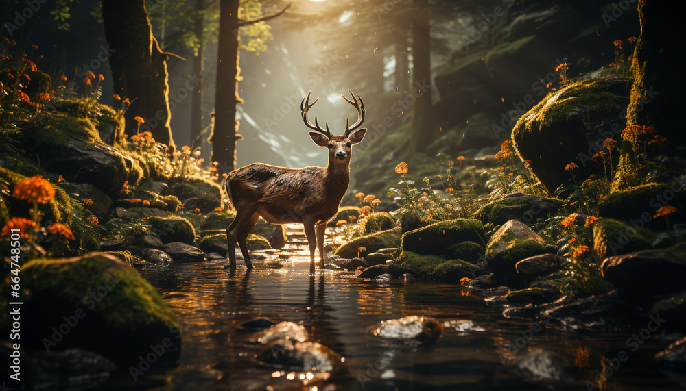 Tranquil scene  deer in forest, sunset reflects on wet grass generated by AI