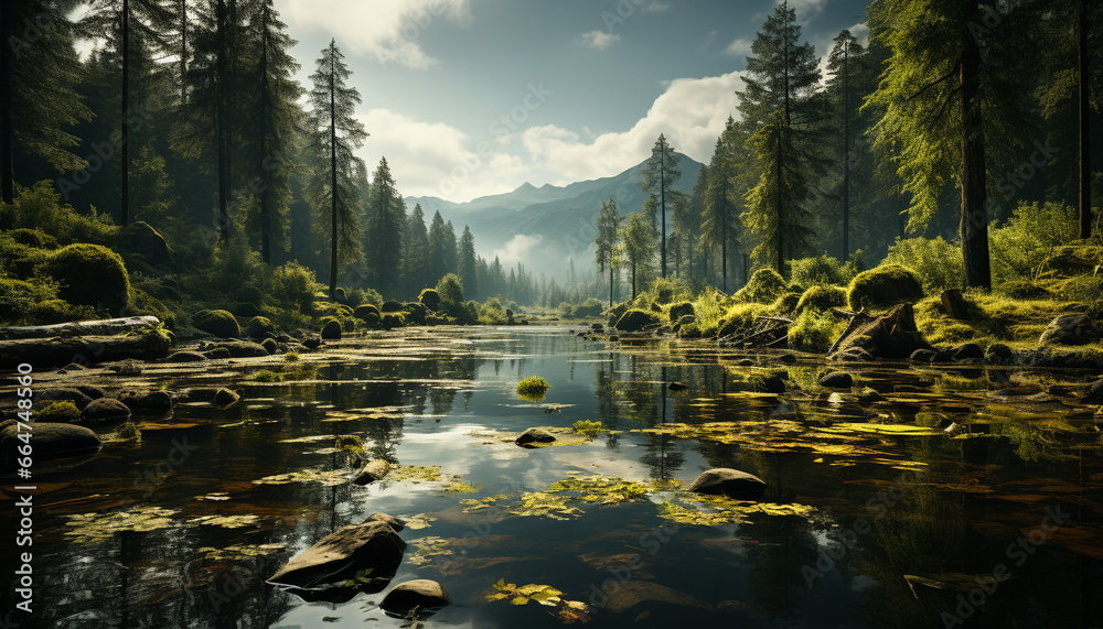 Tranquil scene of a mountain range reflected in a peaceful pond generated by AI