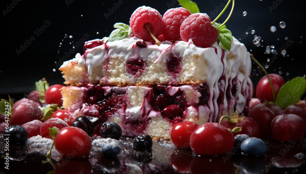 Freshness of summer berries, gourmet dessert on wooden plate generated by AI