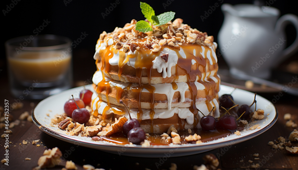 Freshly baked pancake stack with chocolate sauce and berry garnish generated by AI